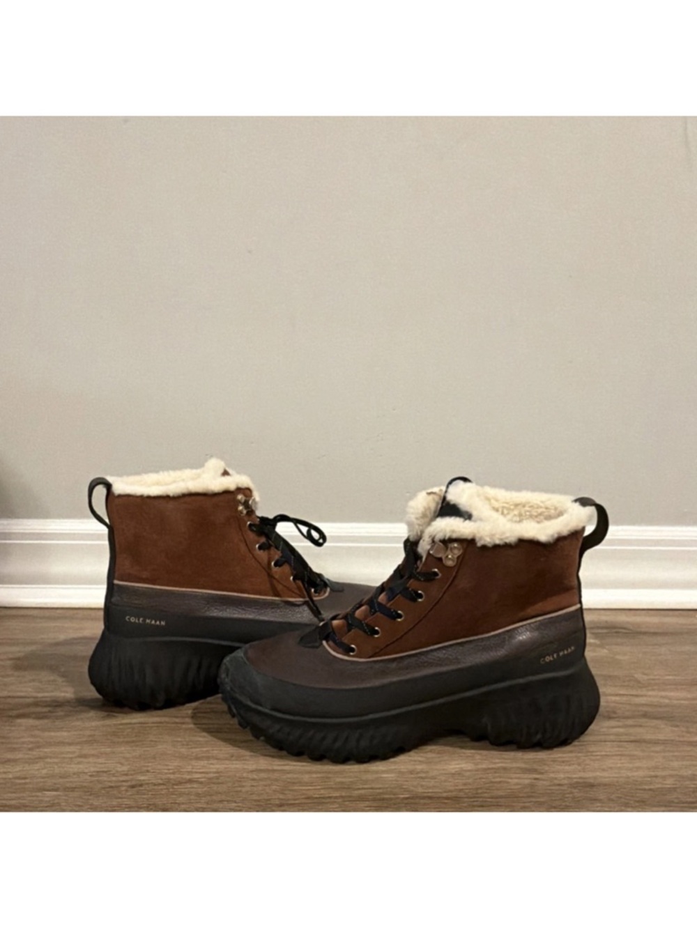 Cole Haan Brown and Cream Shearling-Trim Hiking Boots